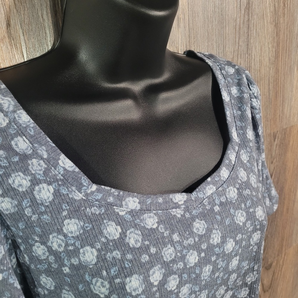 Lauren Conrad Floral Blouse Sz M Muted Blue Sweetheart Neck Puff Sleeve Feminine - Picture 4 of 13